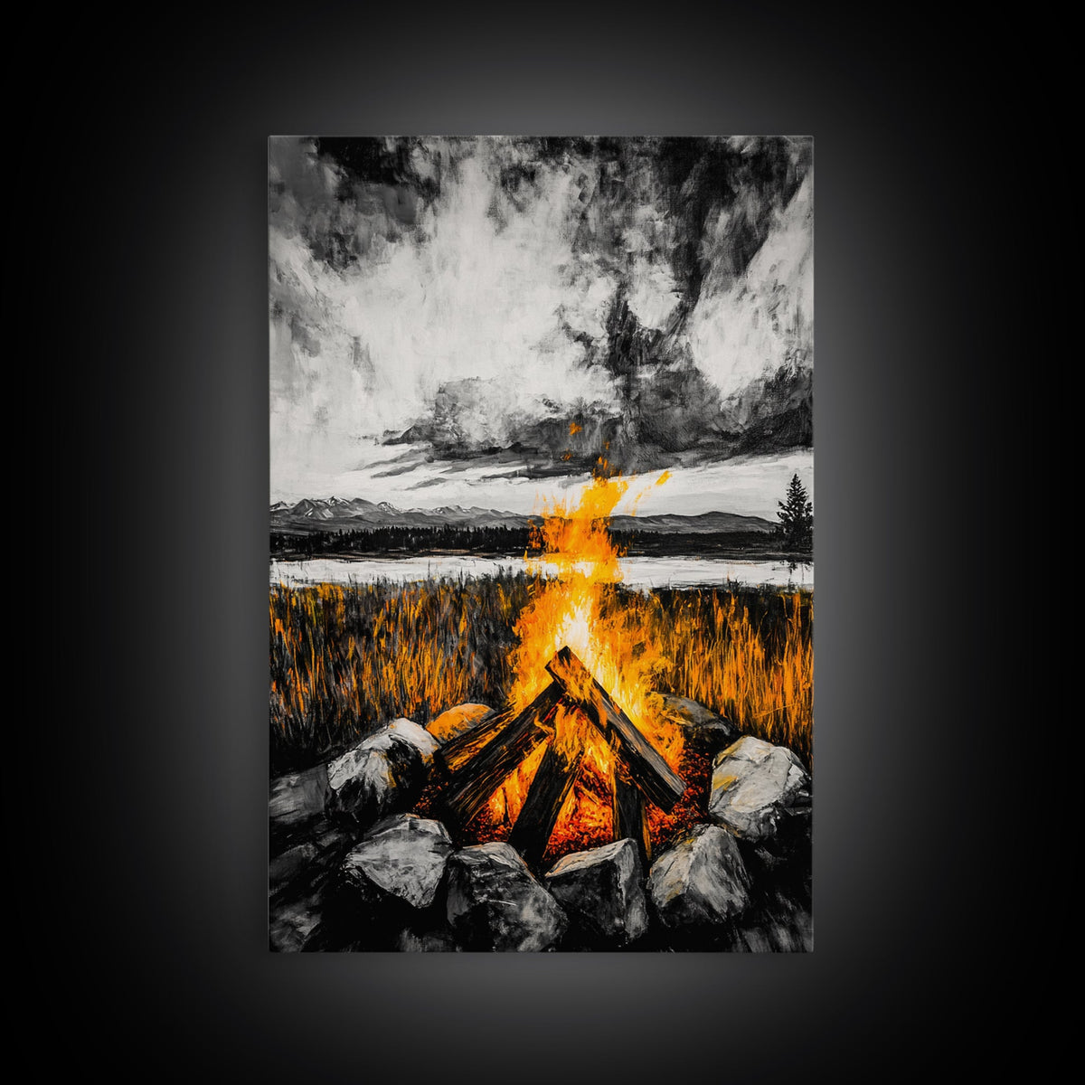 Campfire Painting, Moody Art, Rustic Wall Decor, Fire Pit Artwork, Black White Orange Art, Framed Canvas Print, Cabin Wall Art | | Wiccan Center