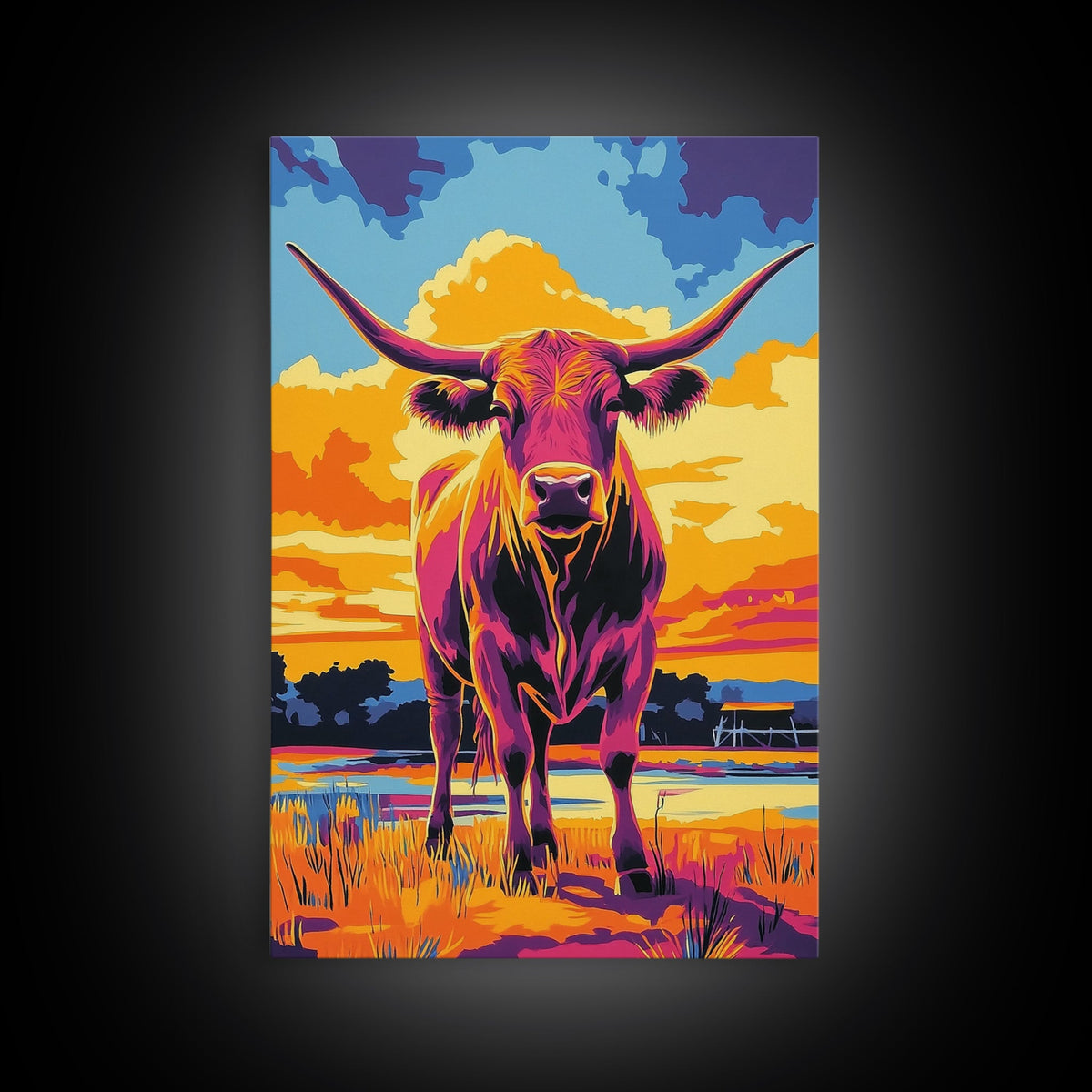 Sunset Longhorn, cowboy art, bull and bear art, southwest wall art, rustic art, pink orange wall art, vintage horse art, Canvas Print