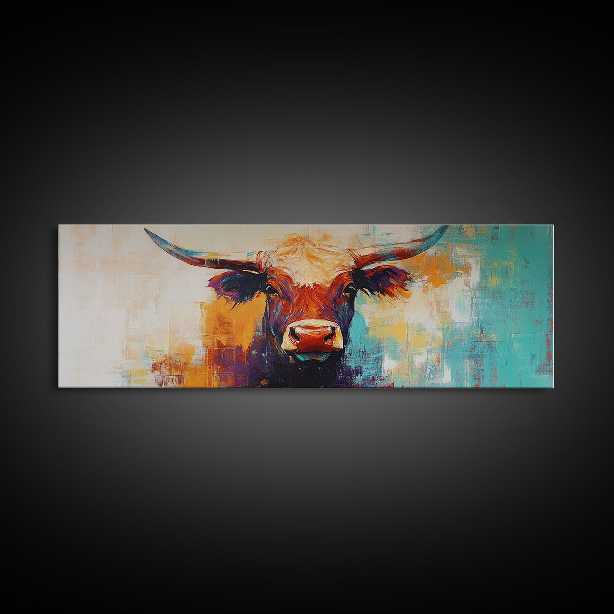Western Bull, rustic art, vintage cow painting, farm animal wall art, cowboy decor, moody wall art, extra wide canvas print