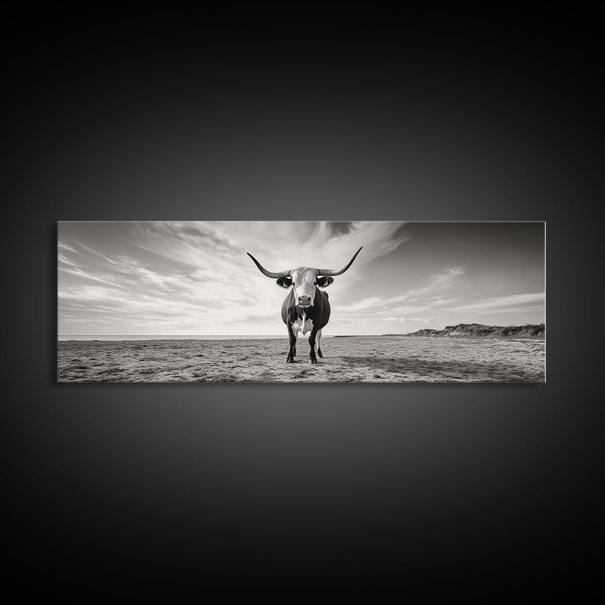 Longhorn, western landscape, bull and bear art, panoramic art, extra wide art, rustic wall art, framed canvas print, farmhouse decor, moody art