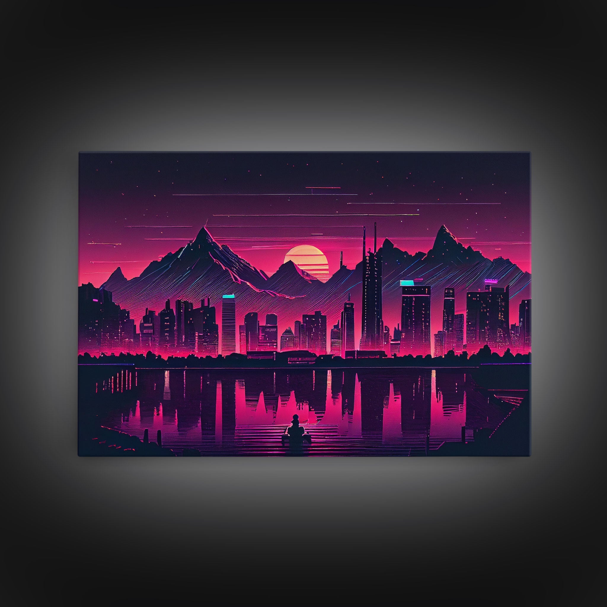 City Mountains Landscape Sea Ocean Moon Purple Wall Art Print, Wall Decor, Fine Art Print, Wall Poster
