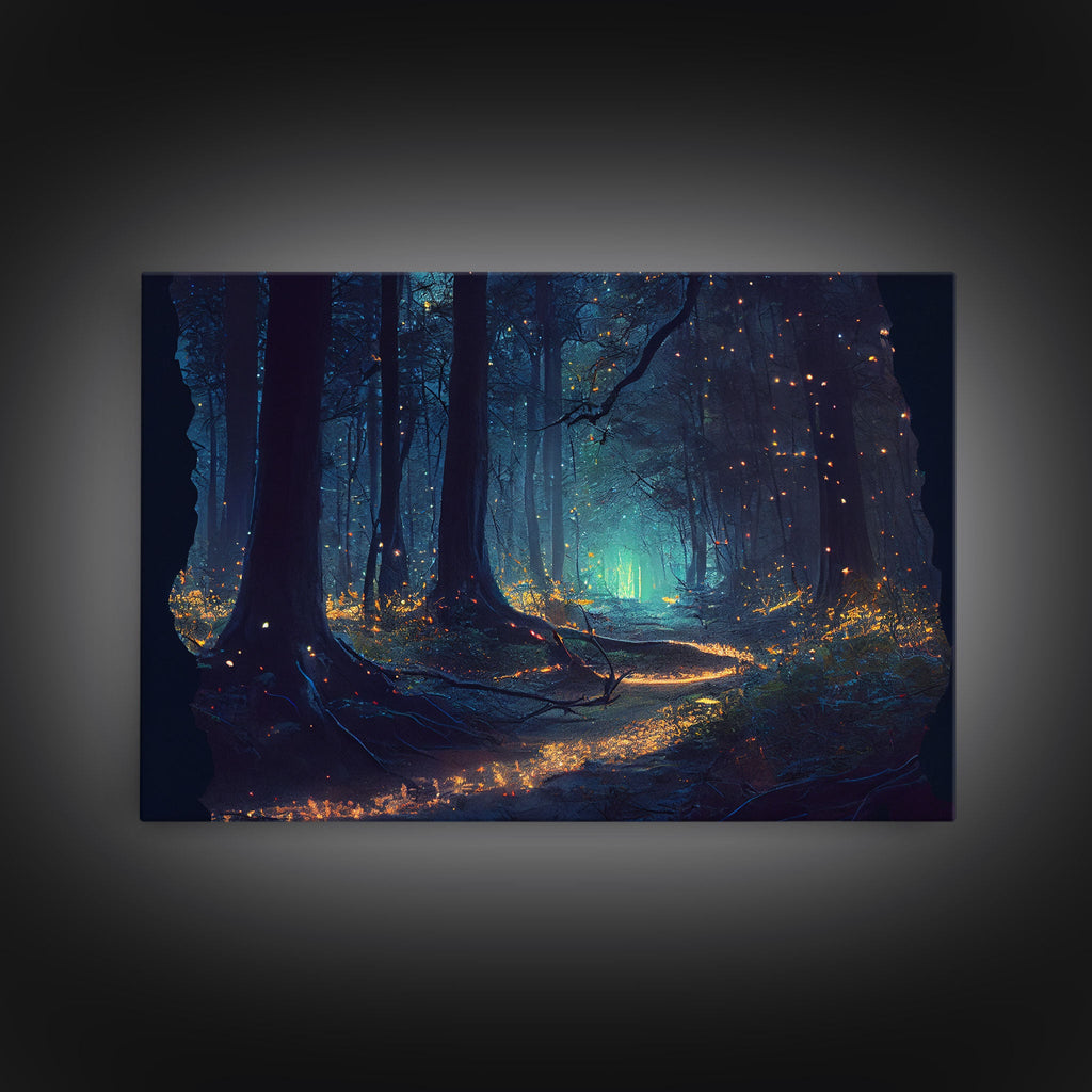 The magical enchanted forest is lit brightly with fireflies at night, framed canvas print, fantasy art | | Wiccan Center