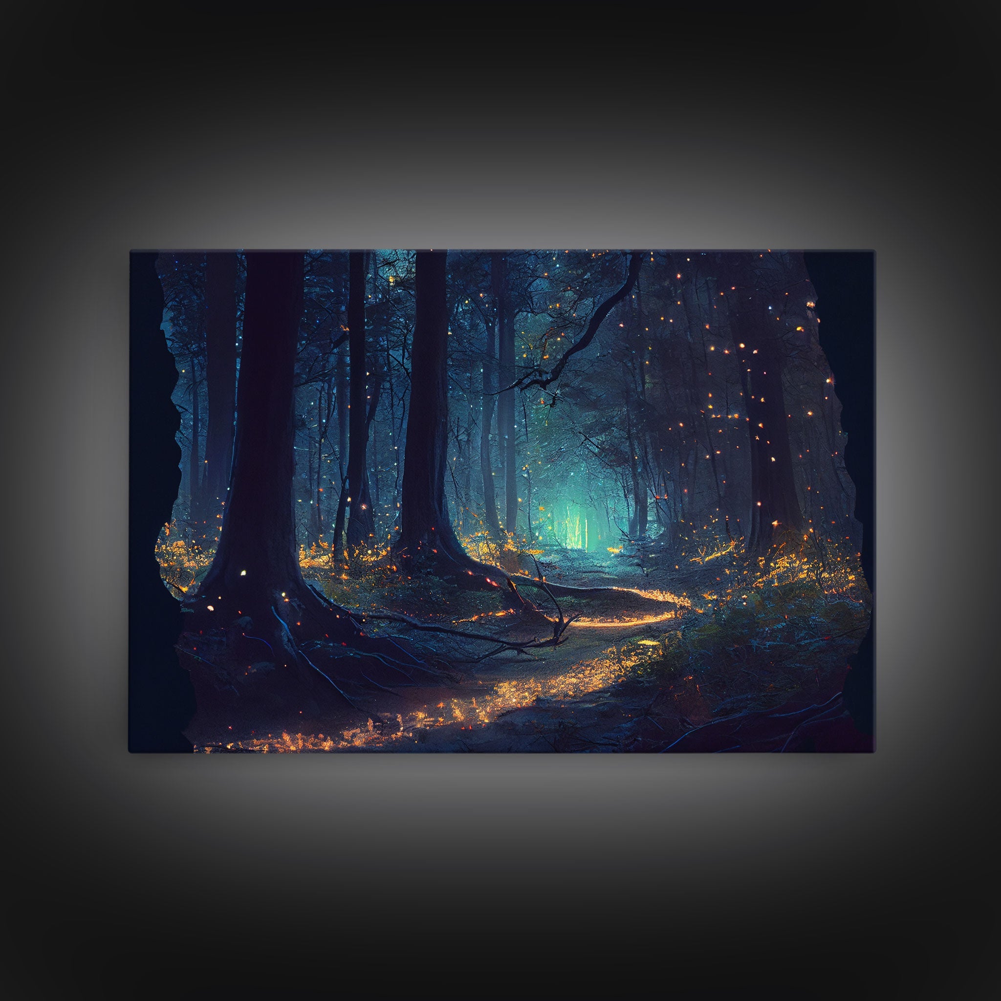 The magical enchanted forest is lit brightly with fireflies at night, framed canvas print, fantasy art | | Wiccan Center