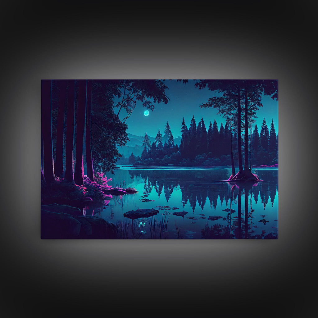 Vaporwave Full moon over the lake at midnight, framed canvas print, subdued art, watercolor painting print | | Wiccan Center