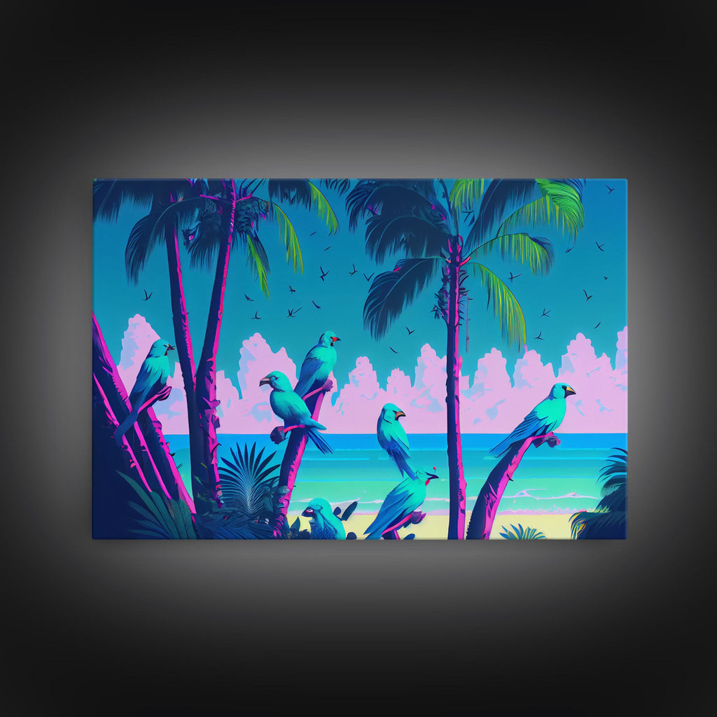 Tropical birds of paradise, synthwave, vaporwave wall art, framed canvas print | | Wiccan Center