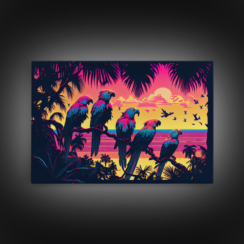 Tropical birds of paradise, synthwave, vaporwave wall art, framed canvas print | | Wiccan Center