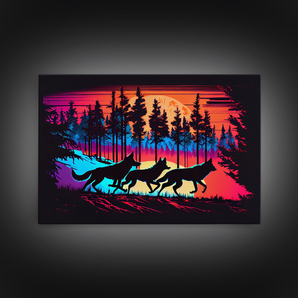 Wolves on the hunt at sunset, synthwave animal art, framed canvas print, vaporwave aesthetic animal art | | Wiccan Center