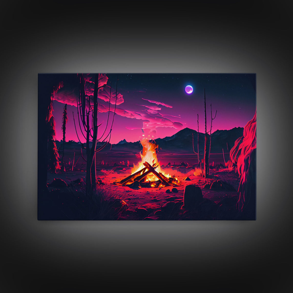 Primitive Art, Campfire Painting Print, Framed Canvas Print, Synthwave Farmhouse Decor | | Wiccan Center