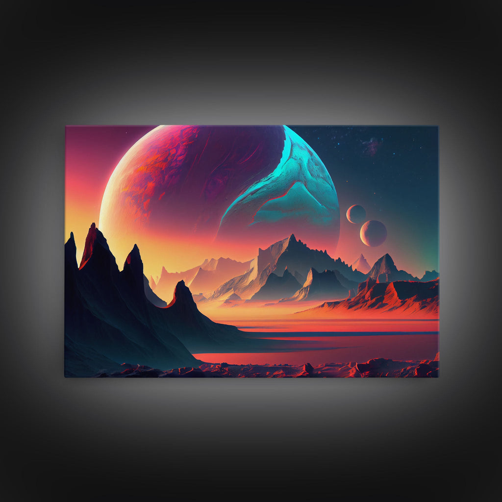 3 Moon Fantasy World, Retro Style Sci-Fi Art, Framed Canvas Print, Futuristic Art, Fantasy Decor | | Wiccan Center