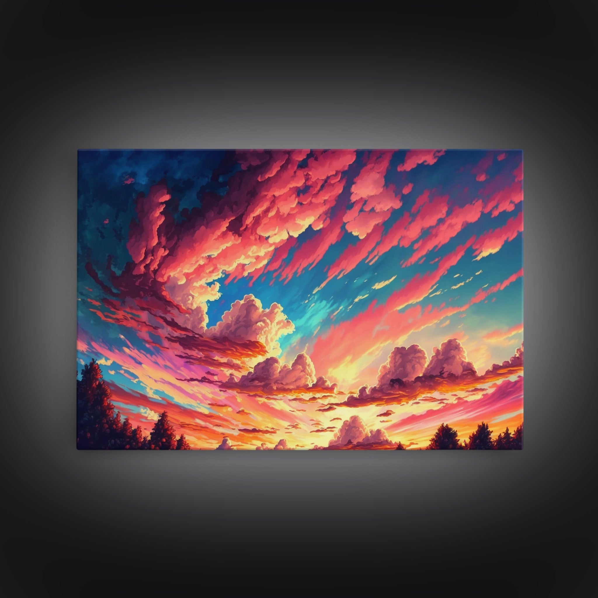 Watercolor of a beautiful cloudy sky at sunset, framed canvas print, landscape art, unique framed wall art