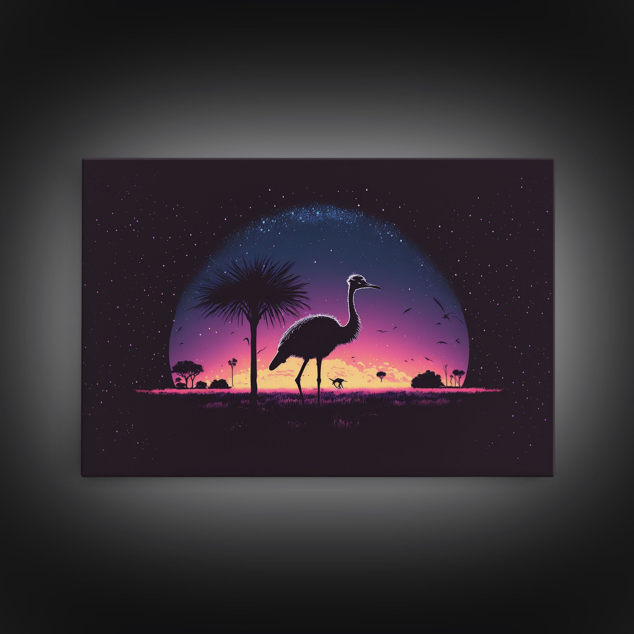 Emu Art | Framed Canvas Print | Synthwave Style Framed Wall Art | Animal Prints | Emu Walks Under A Full Moon | Kid's Room Decor