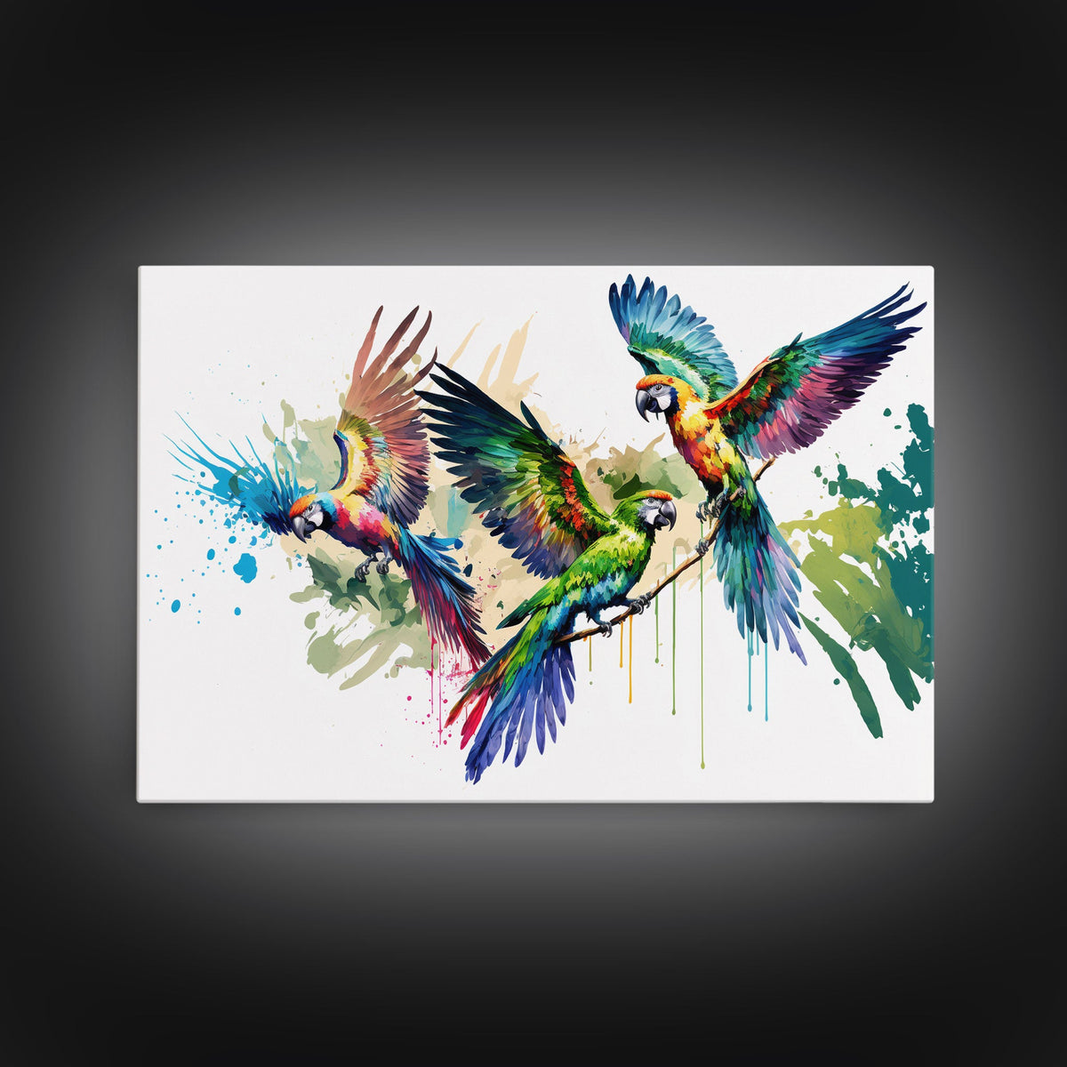 Birds of Paradise | 3 Watercolor Parrots | Framed Canvas Print | Colorful Boho Style Wall Decoration