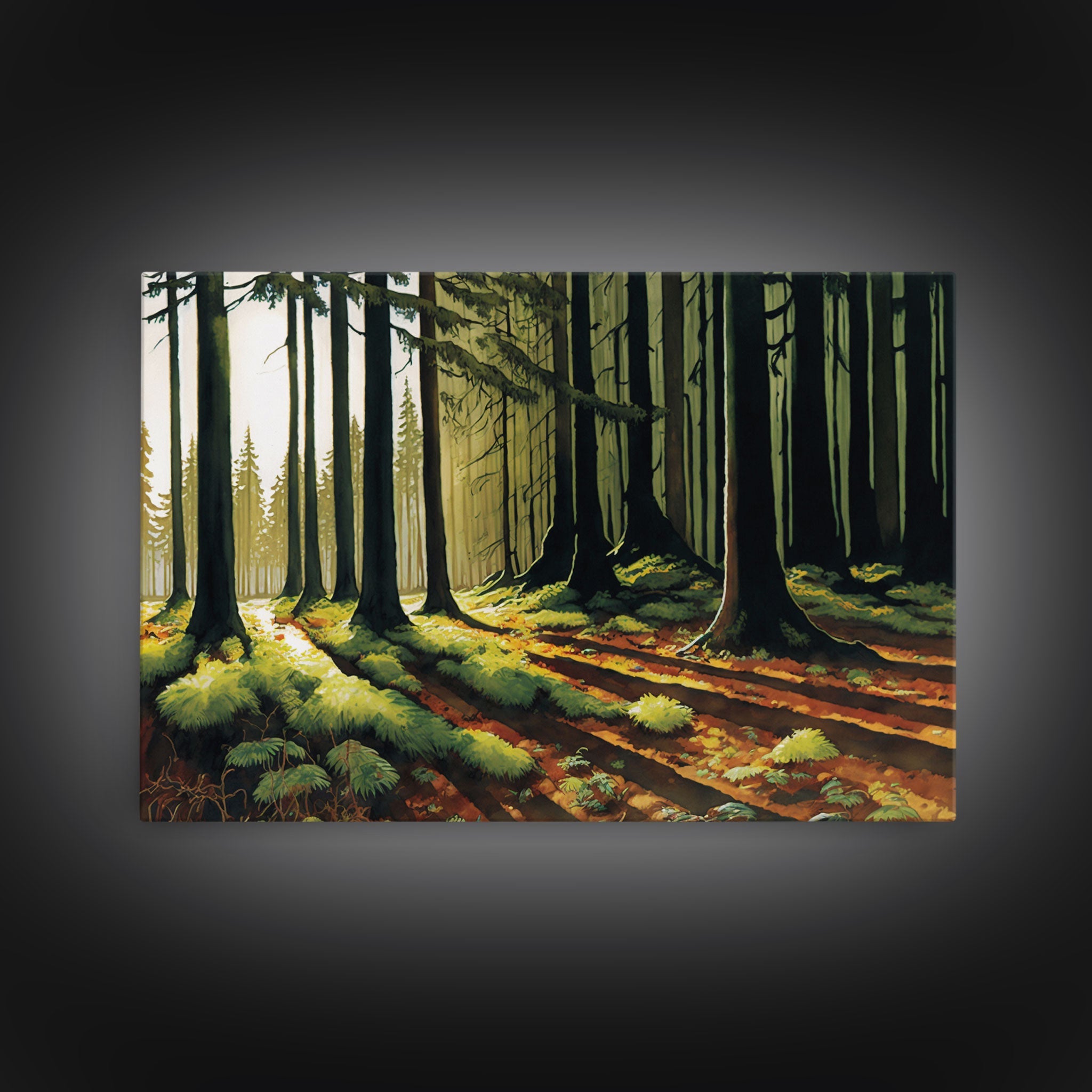 Watercolor of a sunset in a fall forest, framed canvas print, framed wall art, living room wall decor, autumn tones