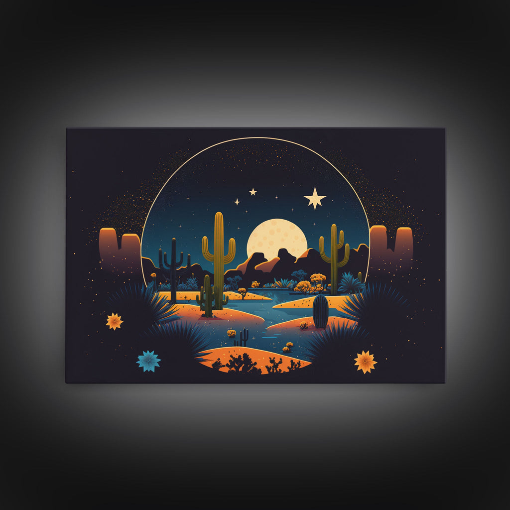 Retro Art Deco Style Pueblo Desert Art, Cactus Desert Landscape under a Full Moon, Framed Canvas Print, Cute Western Decor | | Wiccan Center