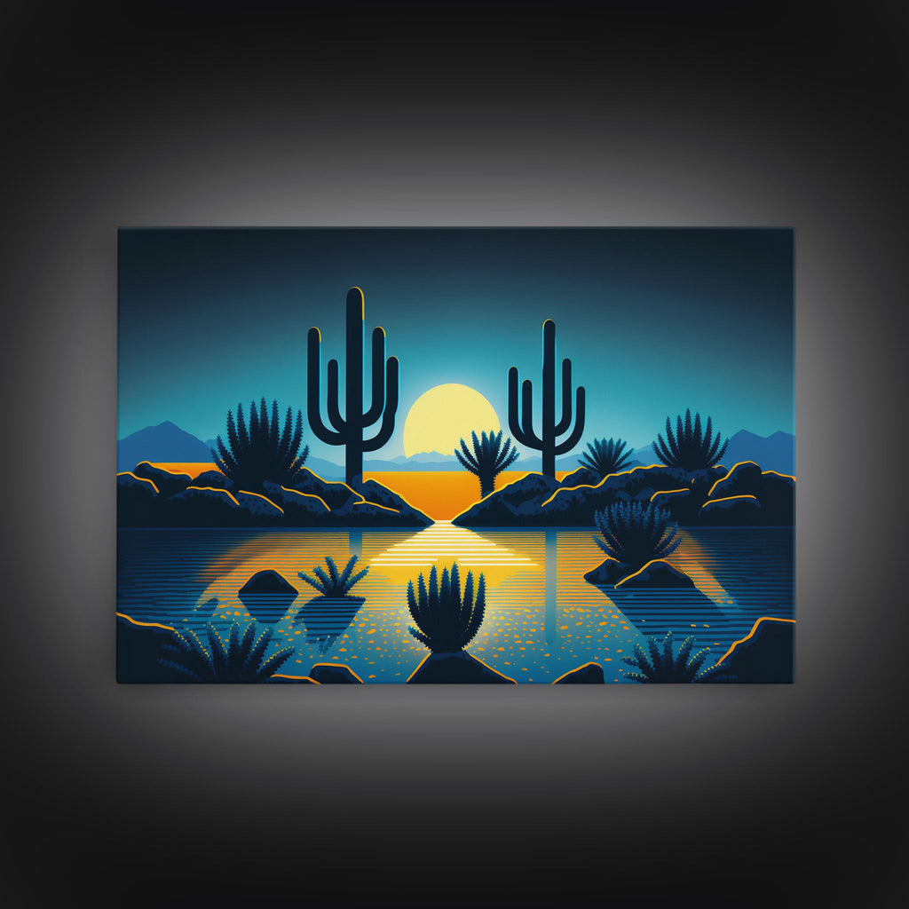 Retro Art Deco Style Pueblo Desert Art, Cactus Desert Landscape under a Full Moon, Framed Canvas Print, Cute Western Decor | | Wiccan Center