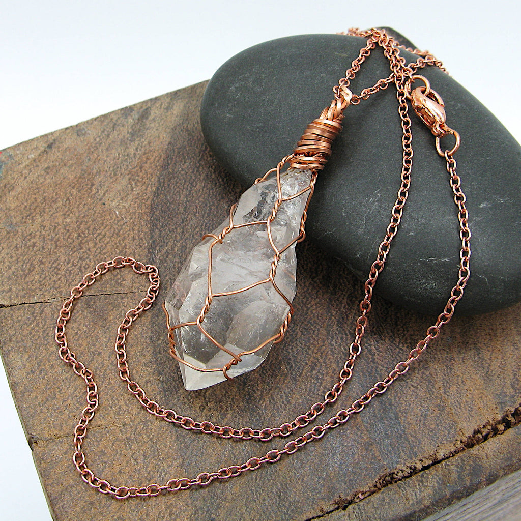 Clear Smoky Raw Quartz Crystal Pendant Necklace, Copper Wire-Wrapped, Handmade | Handmade > Copper & Gemstone | Wiccan Center