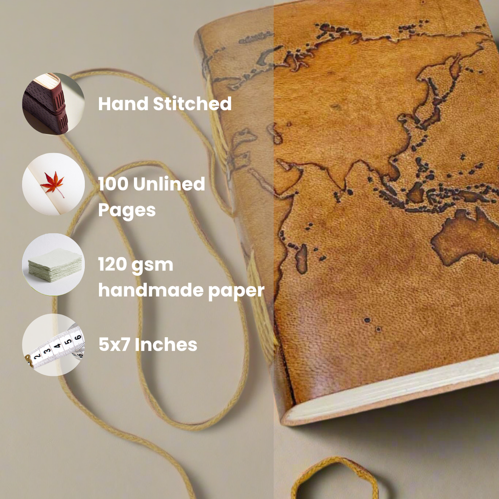 Vintage World Map 7x5 Handmade Leather Journal | Journal | Wiccan Center