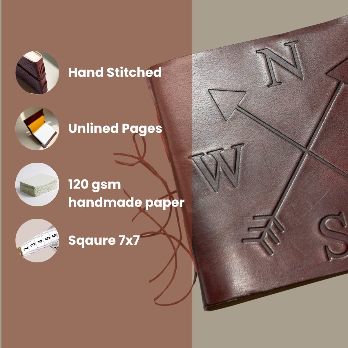 Compass 7x7 Artist Handmade Leather Journal | Journal | Wiccan Center