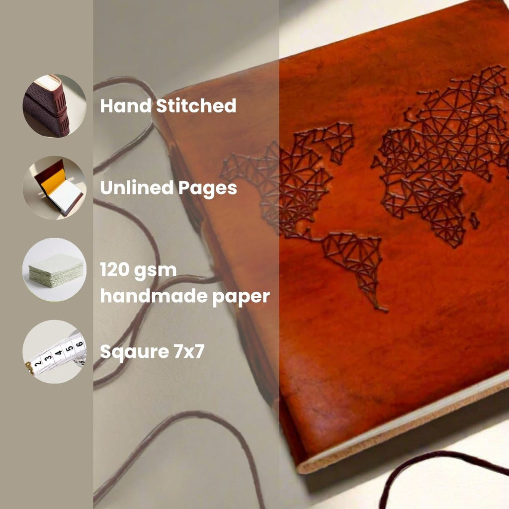 World Map 7x7 Artist Handmade Leather Journal | Journal | Wiccan Center