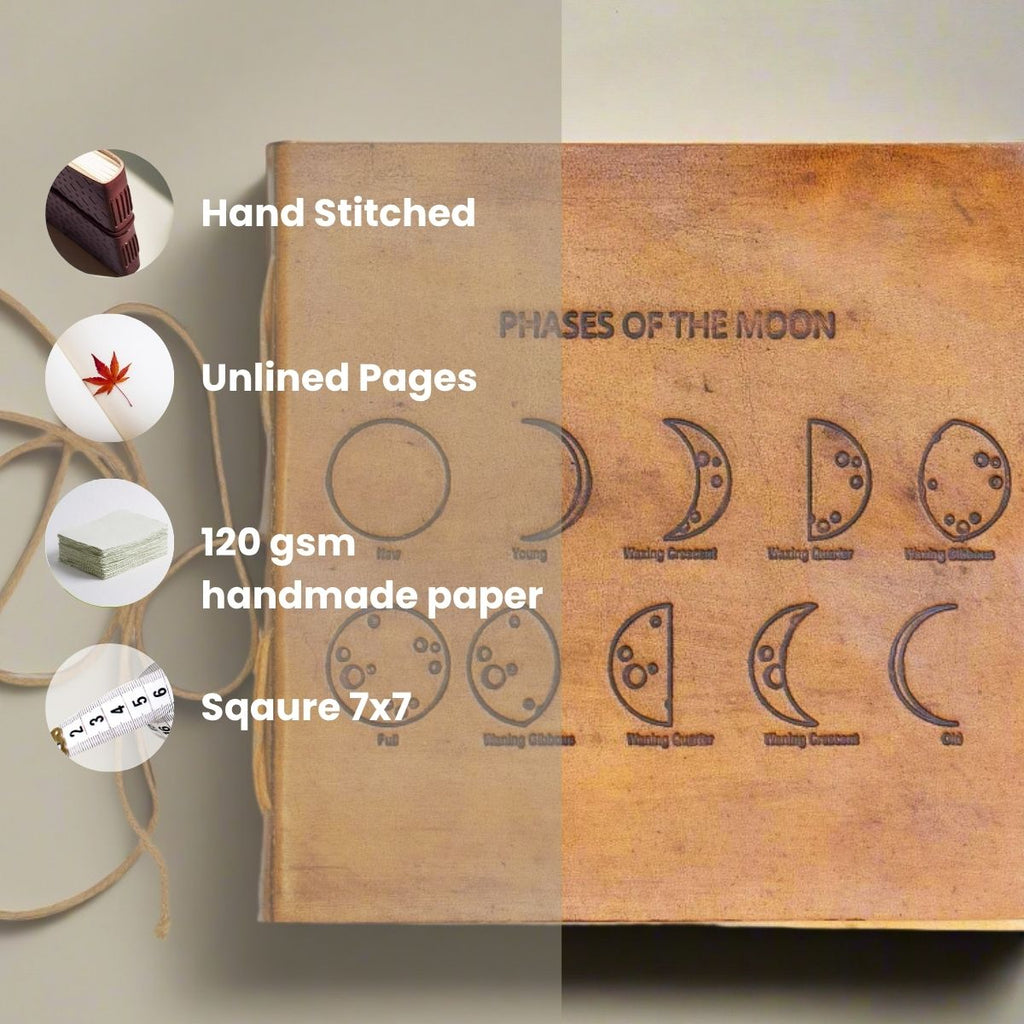 Moon Phases 7x7 Artists Embossed Leather Journal | Journal | Wiccan Center