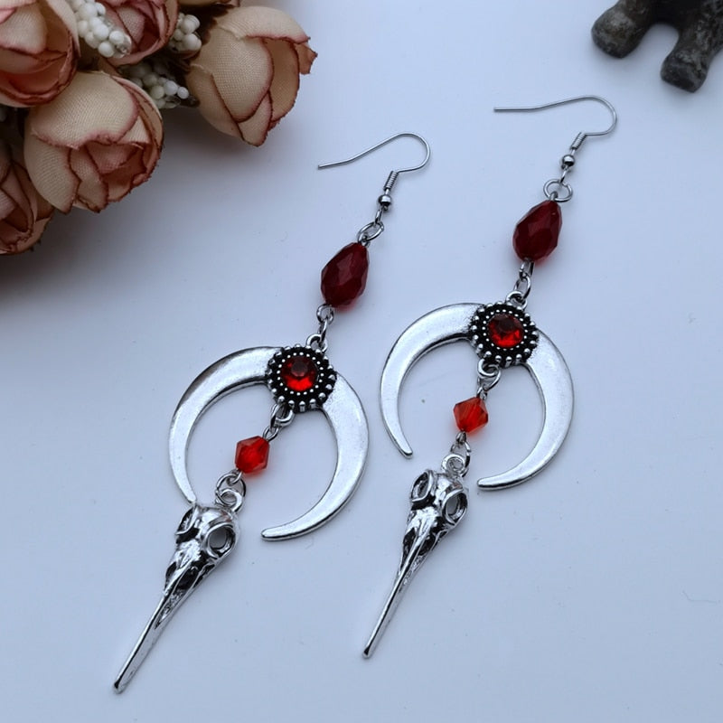 Red Gem Raven Skull Moon Earrings | earrings | Wiccan Center