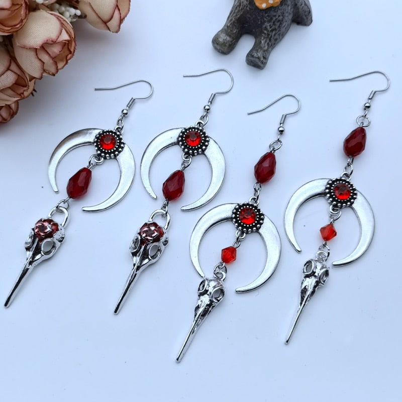 Red Gem Raven Skull Moon Earrings | earrings | Wiccan Center