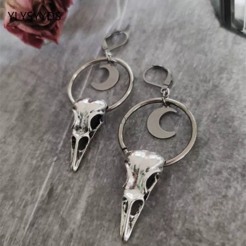 Crow Skull Crescent Moon Earrings | earrings | Wiccan Center