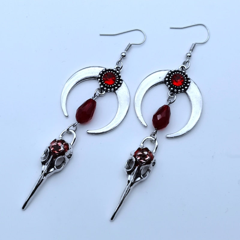 Red Gem Raven Skull Moon Earrings | earrings | Wiccan Center