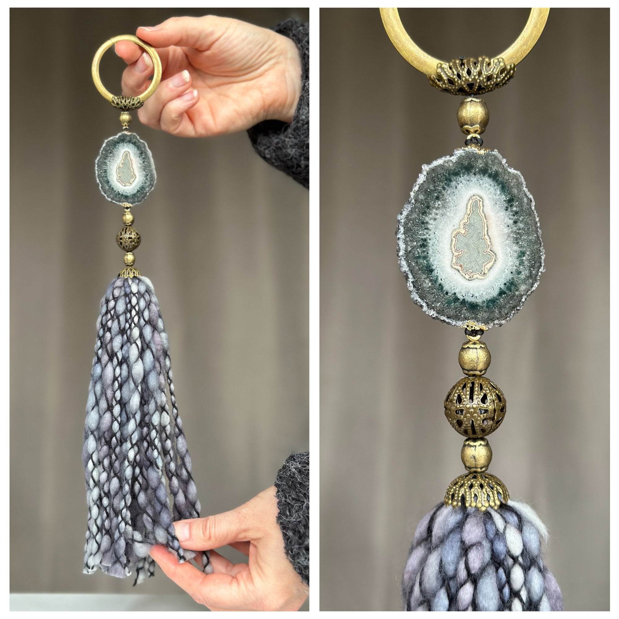 Crystal Garland with Stalactite Stone and Merino Wool Tassels, One of a kind decor piece, Natural Wall Hanging, multiple uses Jasper Gift | Garland with Tassels | Wiccan Center