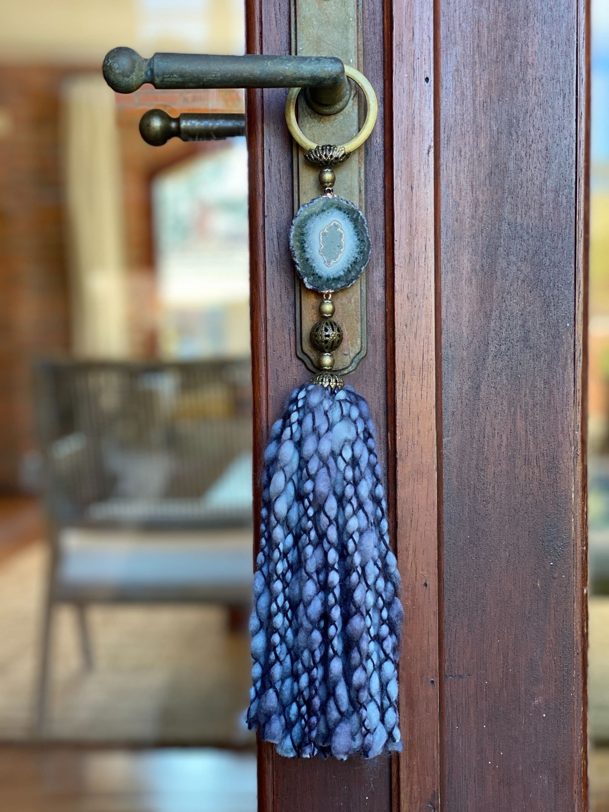Crystal Garland with Stalactite Stone and Merino Wool Tassels, One of a kind decor piece, Natural Wall Hanging, multiple uses Jasper Gift | Garland with Tassels | Wiccan Center