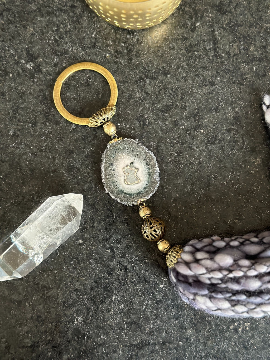 Crystal Garland with Stalactite Stone and Merino Wool Tassels, One of a kind decor piece, Natural Wall Hanging, multiple uses Jasper Gift | Garland with Tassels | Wiccan Center