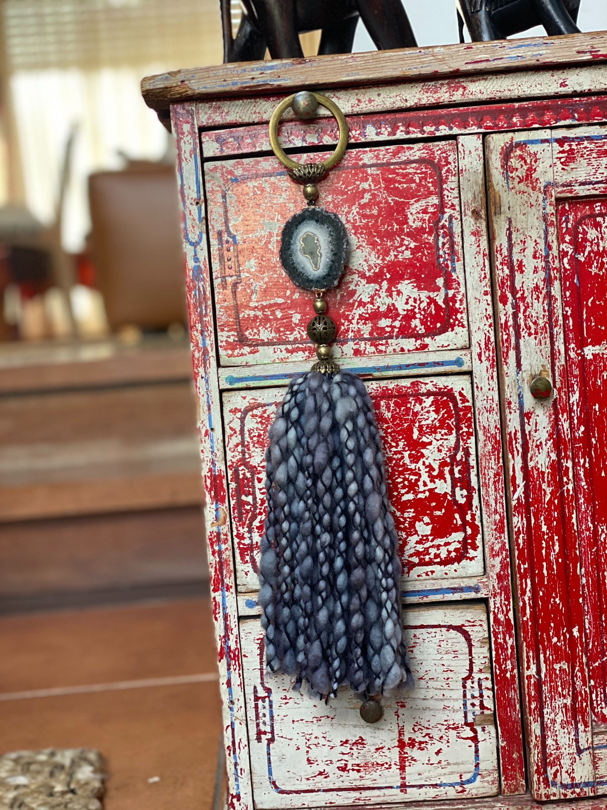 Crystal Garland with Stalactite Stone and Merino Wool Tassels, One of a kind decor piece, Natural Wall Hanging, multiple uses Jasper Gift | Garland with Tassels | Wiccan Center