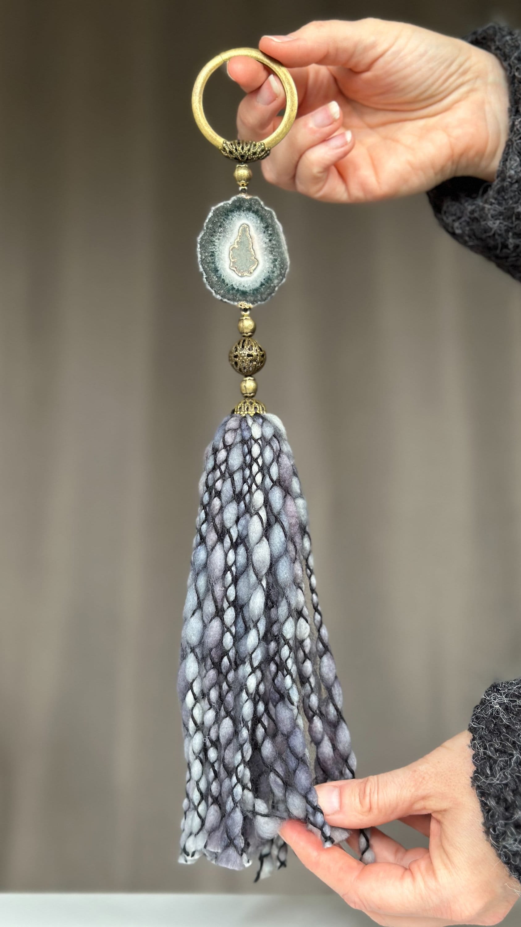 Crystal Garland with Stalactite Stone and Merino Wool Tassels, One of a kind decor piece, Natural Wall Hanging, multiple uses Jasper Gift | Garland with Tassels | Wiccan Center