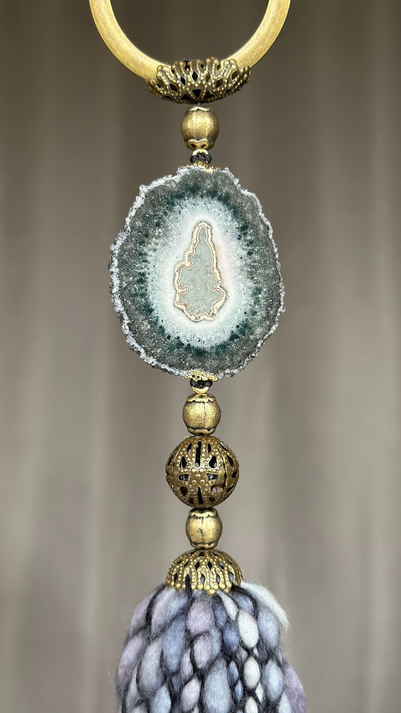 Crystal Garland with Stalactite Stone and Merino Wool Tassels, One of a kind decor piece, Natural Wall Hanging, multiple uses Jasper Gift | Garland with Tassels | Wiccan Center