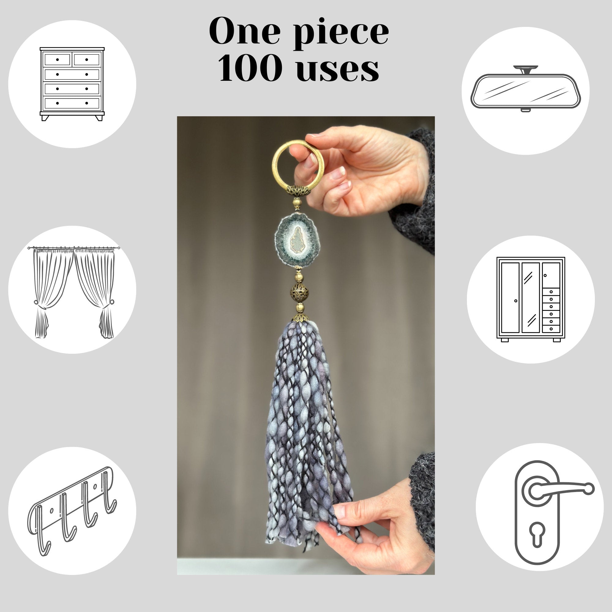 Crystal Garland with Stalactite Stone and Merino Wool Tassels, One of a kind decor piece, Natural Wall Hanging, multiple uses Jasper Gift | Garland with Tassels | Wiccan Center