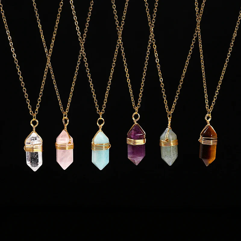 Crystal Hexagon Wire Wrap Gold Necklaces | necklace | Wiccan Center