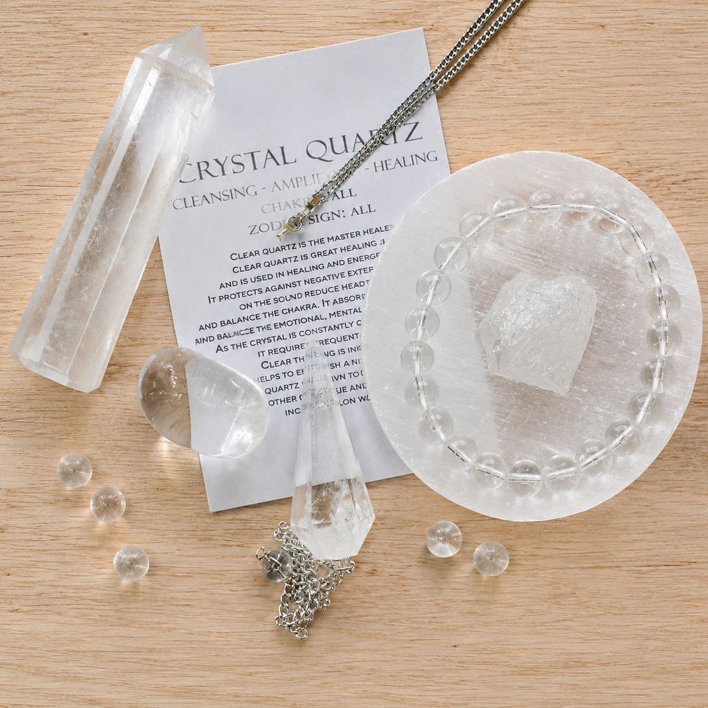 Crystal Quartz Gift Set For Emotional Support and Protection, Crystal Polished Gemstones. | Merkaba & Platonic Solids | Wiccan Center
