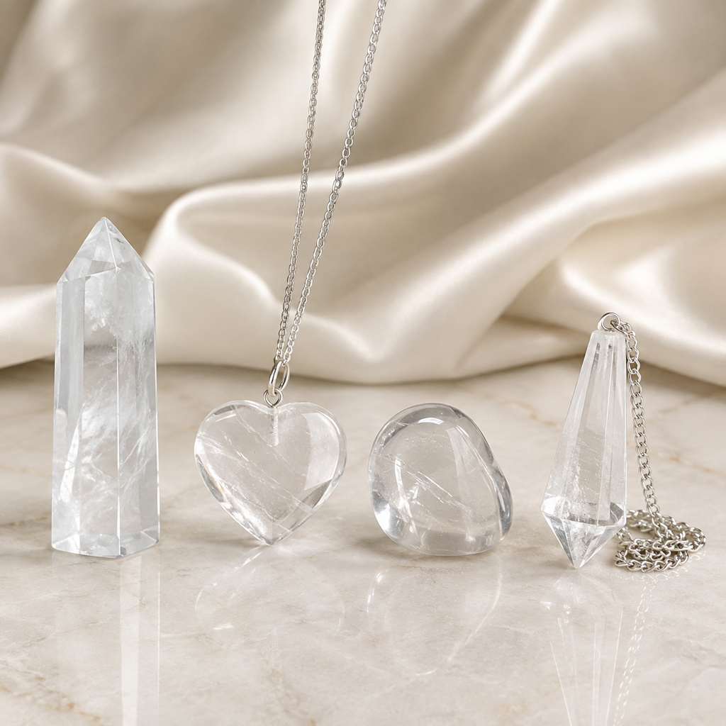 Crystal Quartz Gift Set For Emotional Support and Protection, Crystal Polished Gemstones. | Merkaba & Platonic Solids | Wiccan Center