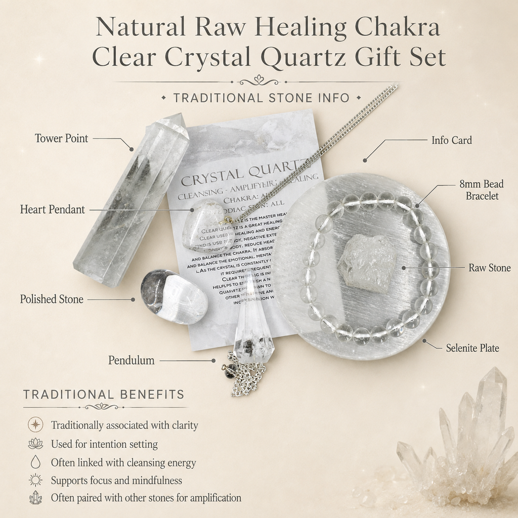 Crystal Quartz Gift Set For Emotional Support and Protection, Crystal Polished Gemstones. | Merkaba & Platonic Solids | Wiccan Center
