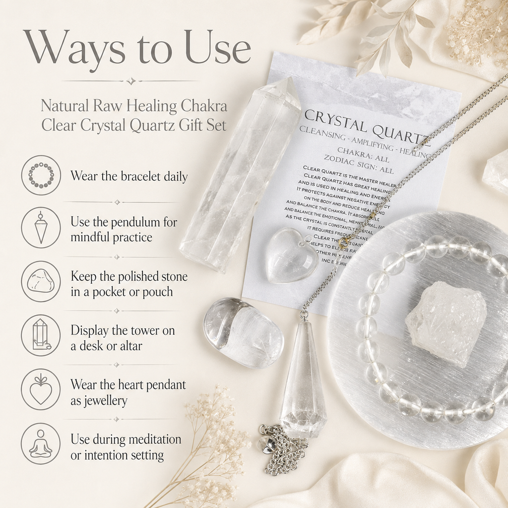 Crystal Quartz Gift Set For Emotional Support and Protection, Crystal Polished Gemstones. | Merkaba & Platonic Solids | Wiccan Center