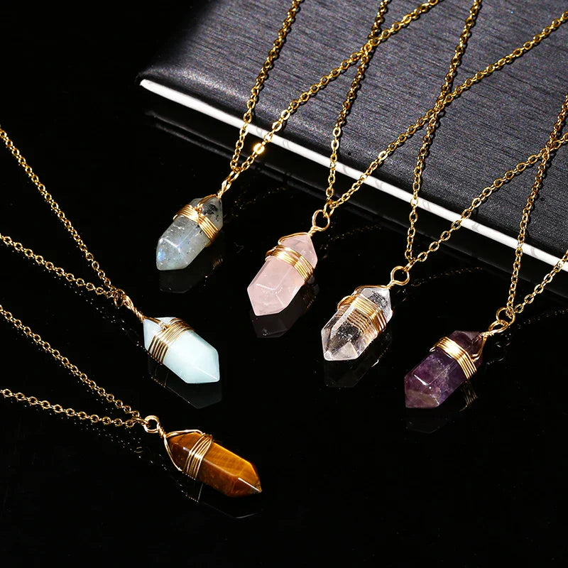 Crystal Hexagon Wire Wrap Gold Necklaces | necklace | Wiccan Center