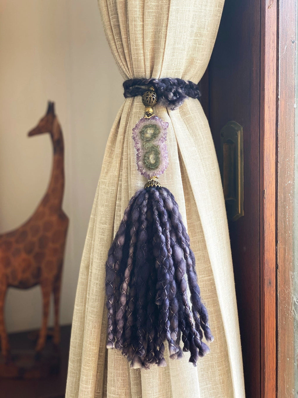 Curtains Tie Back with Amethyst Crystal and Merino Wool Tassels, Garland with Stalactite Stone, window curtains holder, Natural Wall Hanging | Garland with Tassels | Wiccan Center