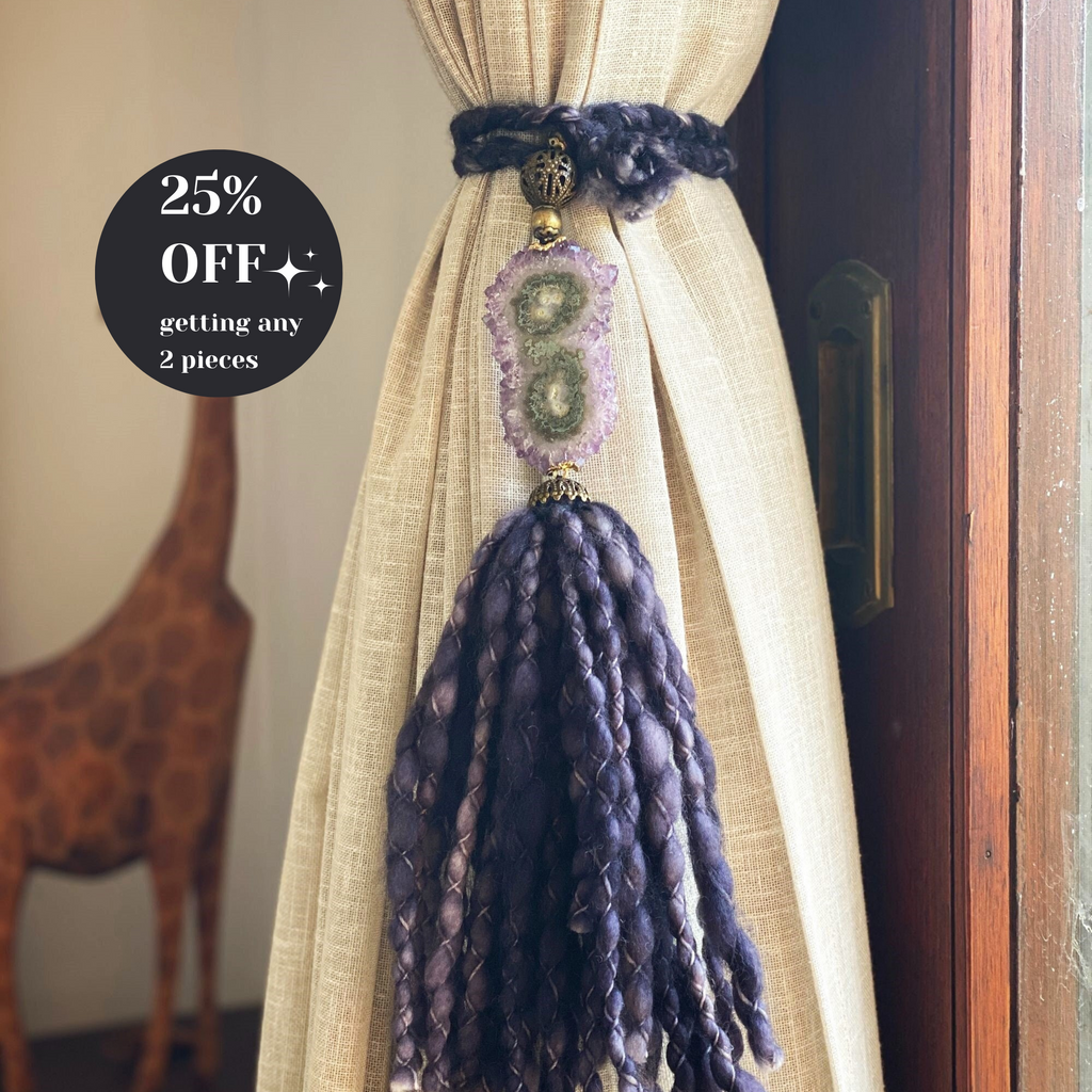 Curtains Tie Back with Amethyst Crystal and Merino Wool Tassels, Garland with Stalactite Stone, window curtains holder, Natural Wall Hanging | Garland with Tassels | Wiccan Center