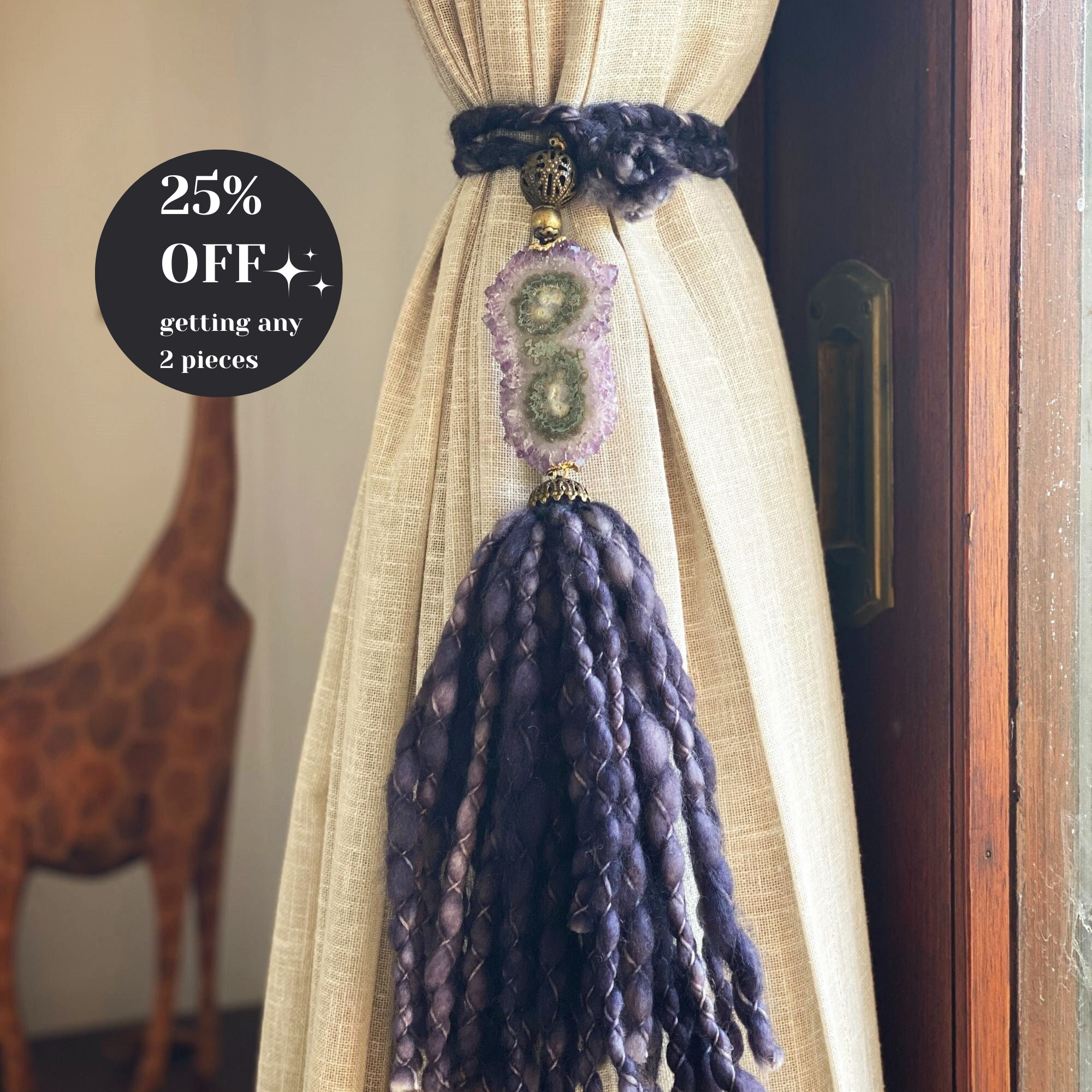Curtains Tie Back with Amethyst Crystal and Merino Wool Tassels, Garland with Stalactite Stone, window curtains holder, Natural Wall Hanging | Garland with Tassels | Wiccan Center