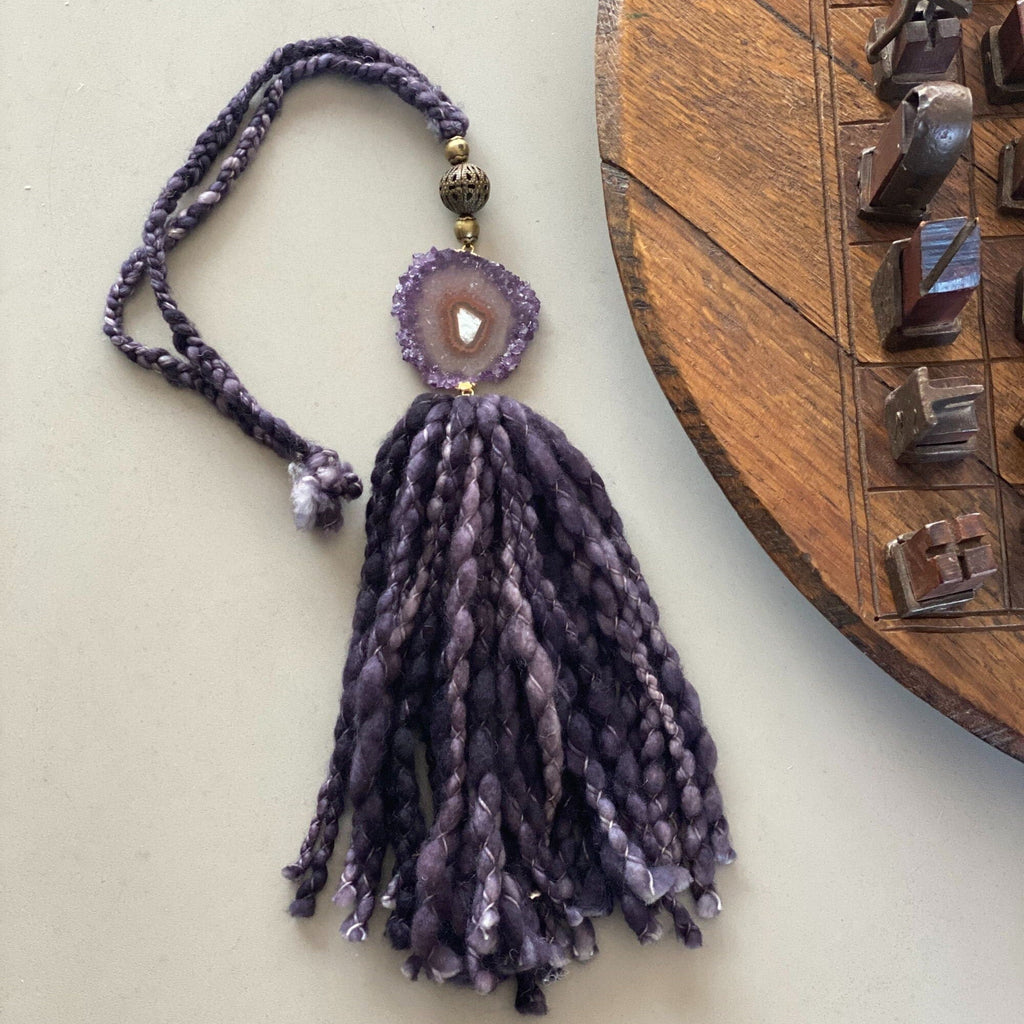Curtains Tie Back with Amethyst Crystal and Merino Wool Tassels, Garland with Stalactite Stone, window curtains holder, Natural Wall Hanging | Garland with Tassels | Wiccan Center