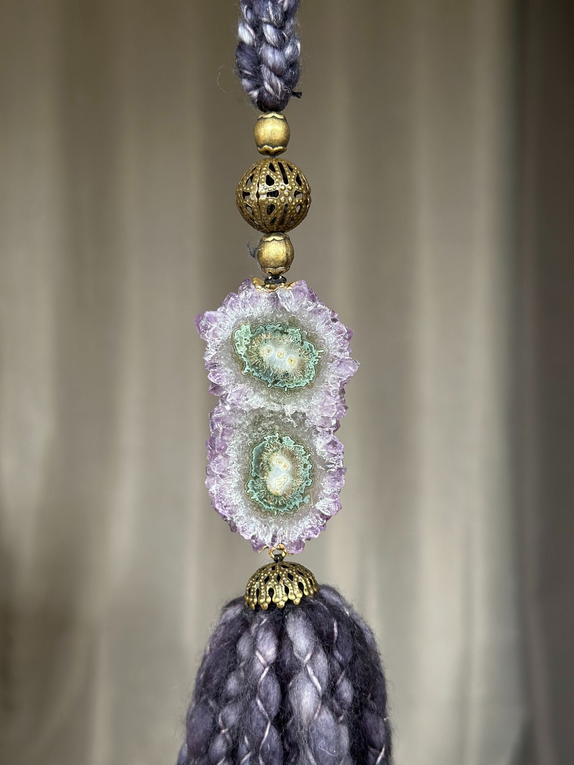 Curtains Tie Back with Amethyst Crystal and Merino Wool Tassels, Garland with Stalactite Stone, window curtains holder, Natural Wall Hanging | Garland with Tassels | Wiccan Center