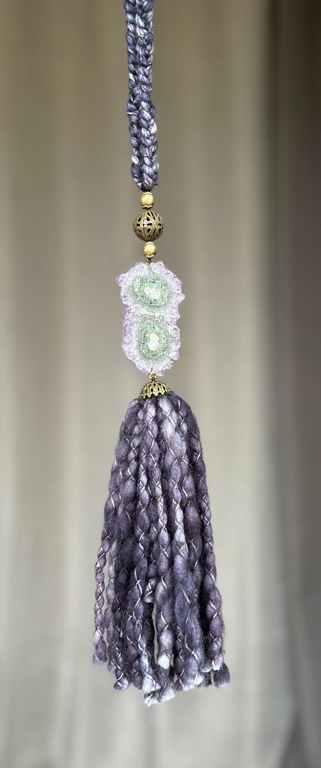 Curtains Tie Back with Amethyst Crystal and Merino Wool Tassels, Garland with Stalactite Stone, window curtains holder, Natural Wall Hanging | Garland with Tassels | Wiccan Center