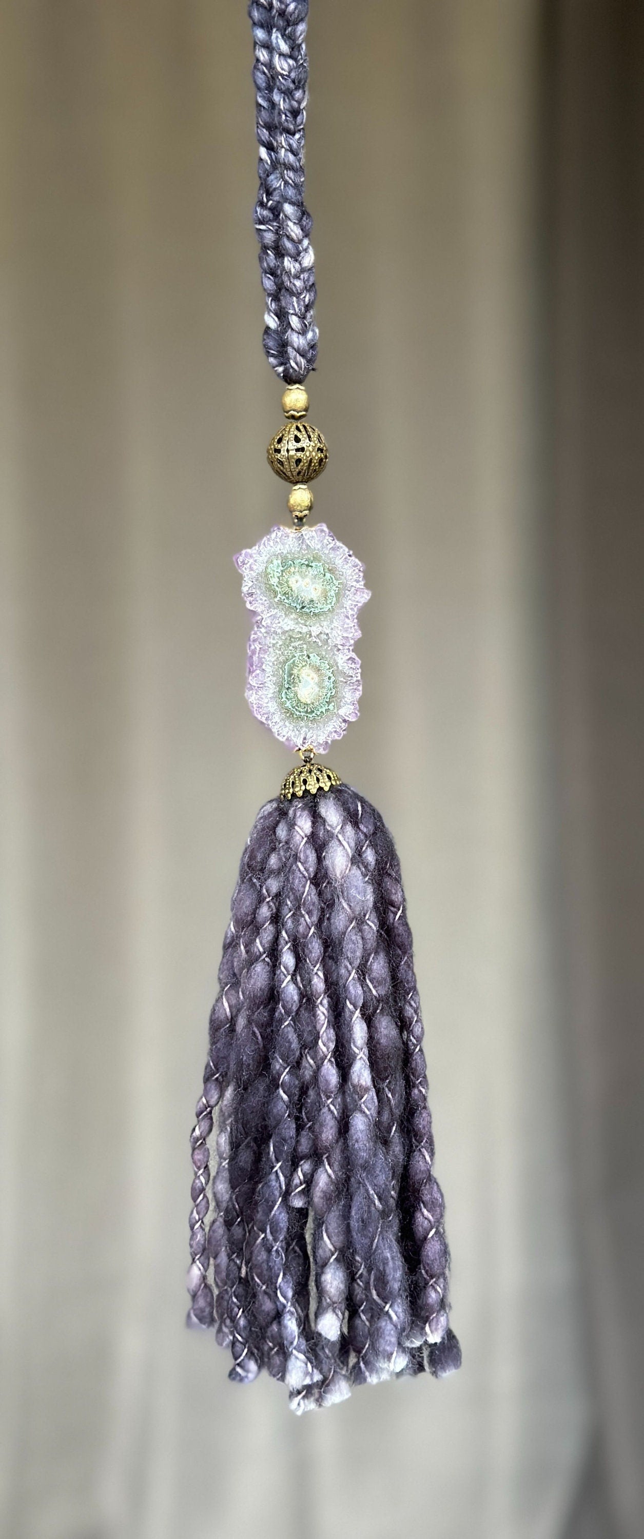 Curtains Tie Back with Amethyst Crystal and Merino Wool Tassels, Garland with Stalactite Stone, window curtains holder, Natural Wall Hanging | Garland with Tassels | Wiccan Center