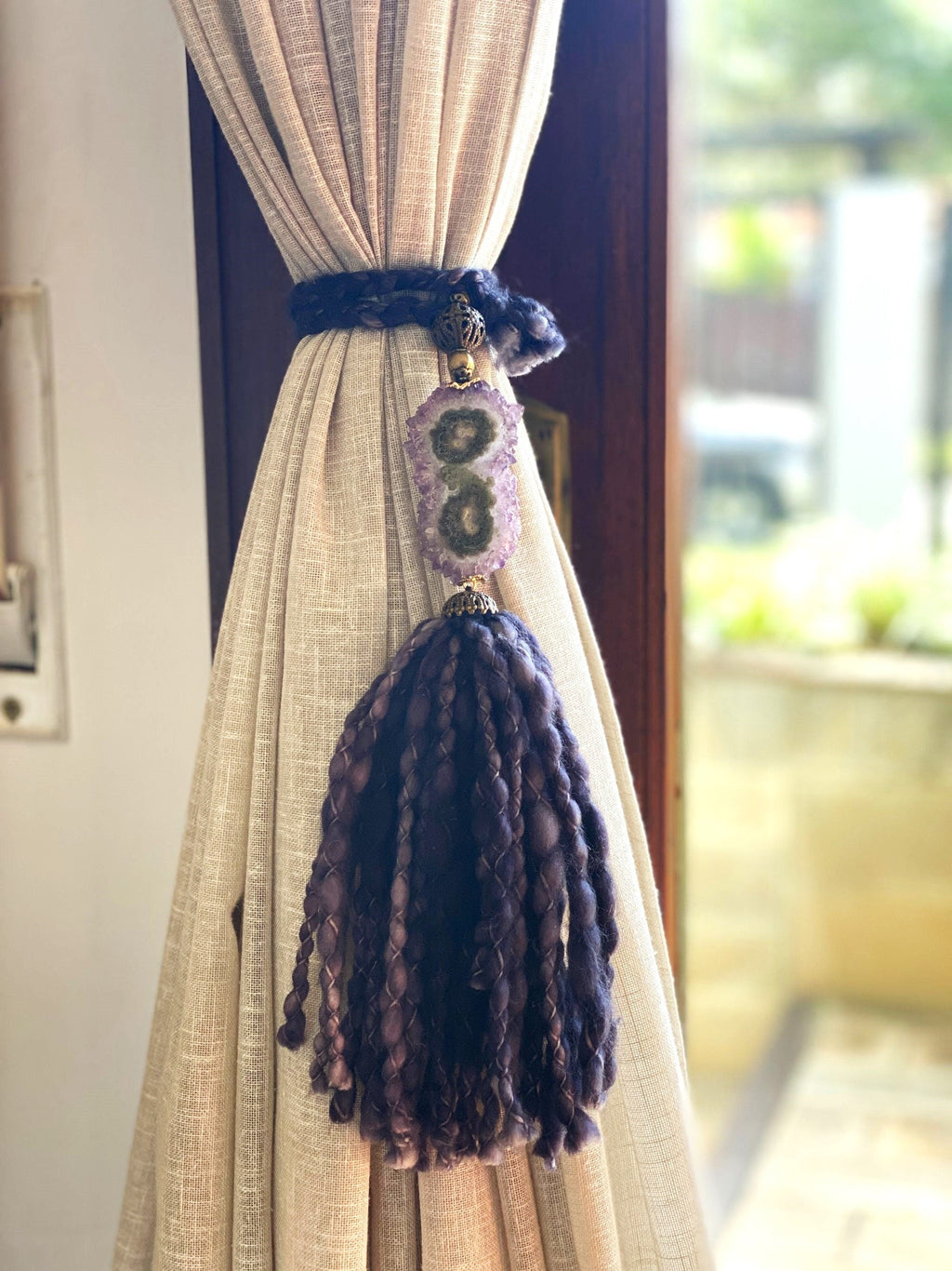 Curtains Tie Back with Amethyst Crystal and Merino Wool Tassels, Garland with Stalactite Stone, window curtains holder, Natural Wall Hanging | Garland with Tassels | Wiccan Center