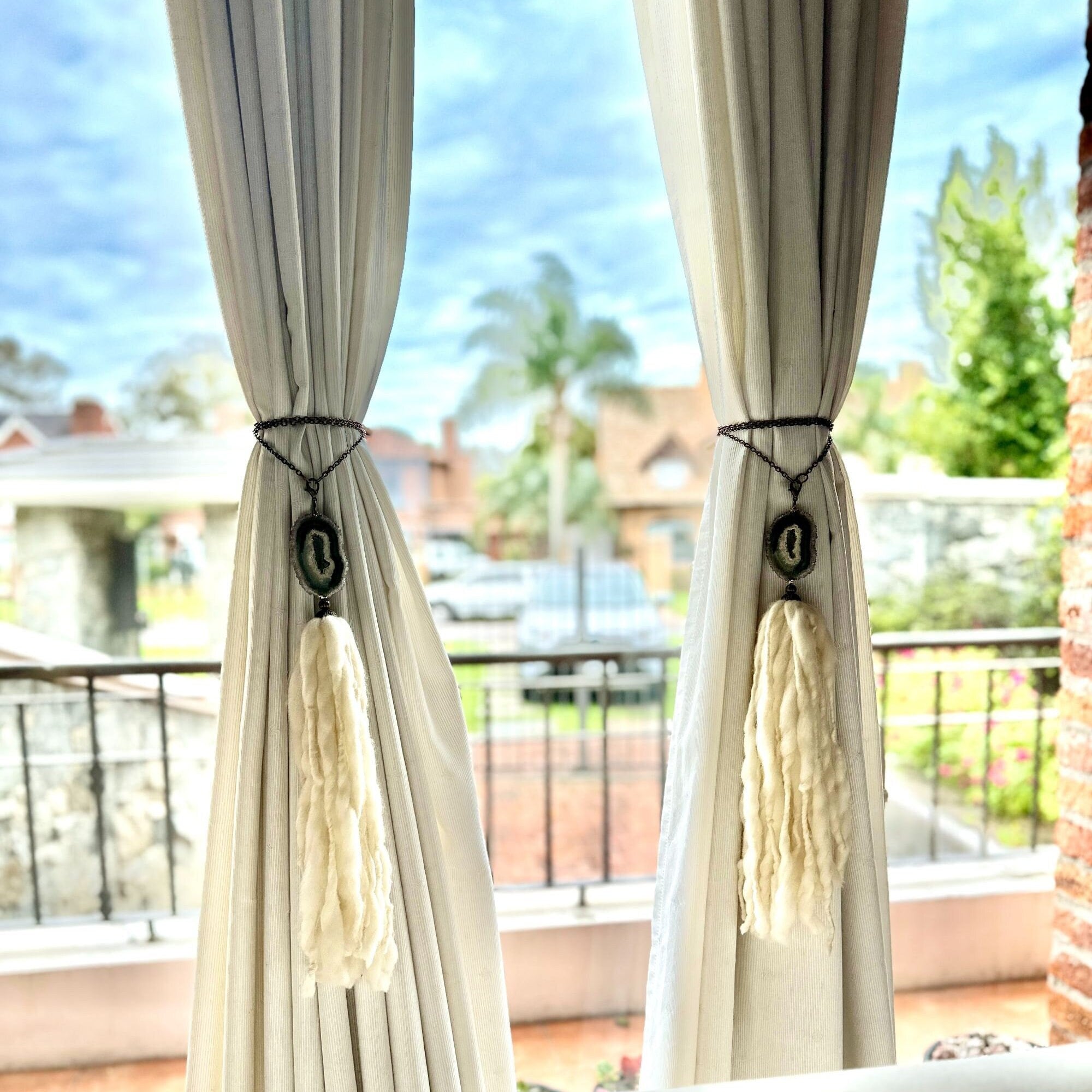Curtains Tie Back with Amethyst Crystal and Merino Wool Tassels, Stalactite Stone Home Decor, window curtains holder with metal chains | Curtains Holder | Wiccan Center